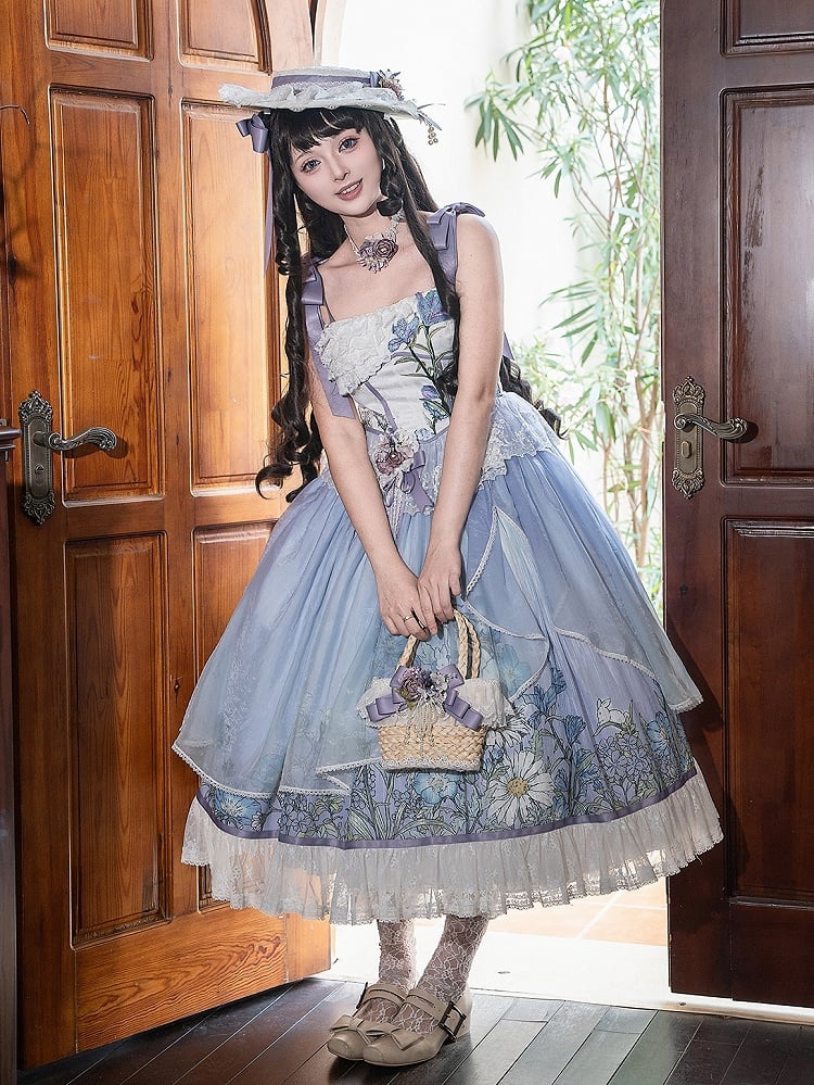 Plus Sizes Available Floral Print Bowknot Straps Dress Elegant Classic Lolita Jumper Skirt
