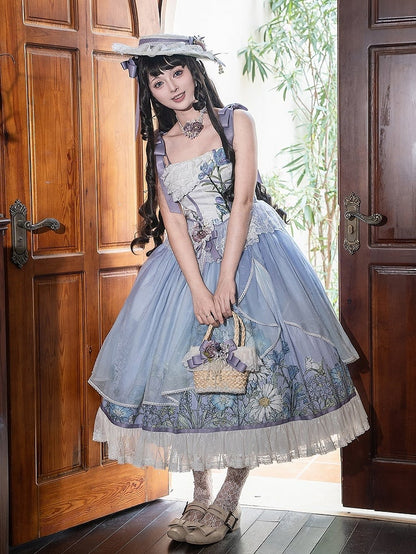 Plus Sizes Available Floral Print Bowknot Straps Dress Elegant Classic Lolita Jumper Skirt