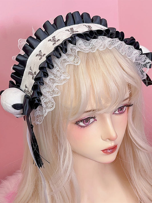 Black/White Jirai Kei Plush Panda Decorated Bowknot Details Ruffled Lace Trim Hairband with Tassels