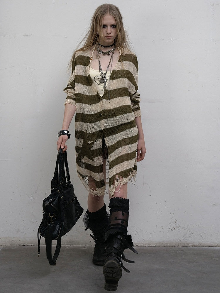 Green Wasteland Punk Striped Pattern Cardigan