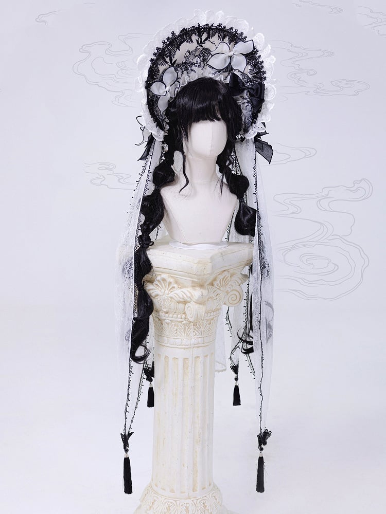 White and Black Bonnet with Detachable Veil