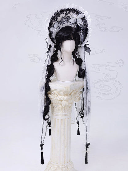 White and Black Bonnet with Detachable Veil