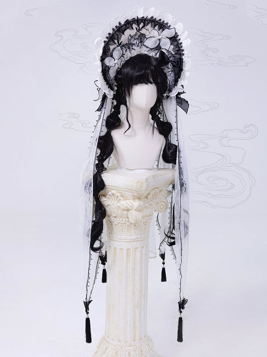 White and Black Bonnet with Detachable Veil