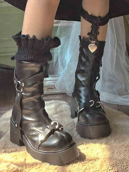 Black Buckle Strap Punk Platform Block Heel Boots