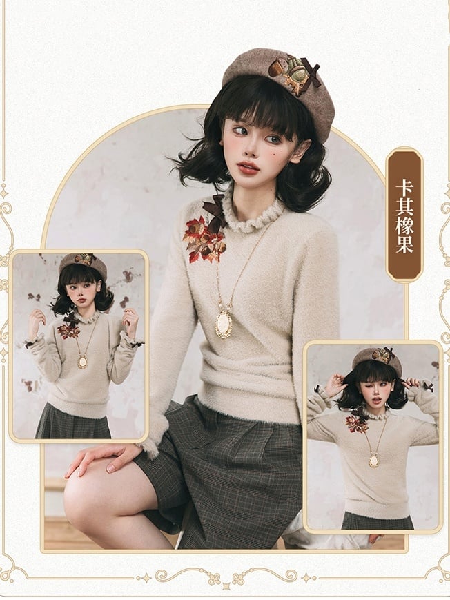 Maple Leaf Embroidery Neckline Bowknot on Cuffs Khaki Autumn Knit Top