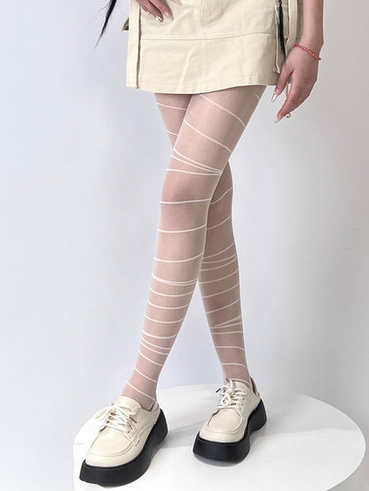 Gray/White Punk Striped Pattern Tights
