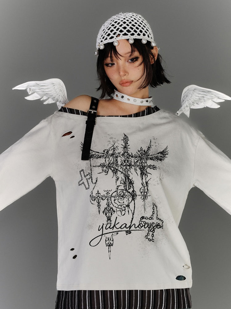 Y2K Apricot Asymmetrical Neckline Buckle Strap Glamorous Graphic Top