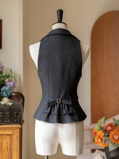 Dark Gray Under Bust Striped Waistcoat with Lapel Collar