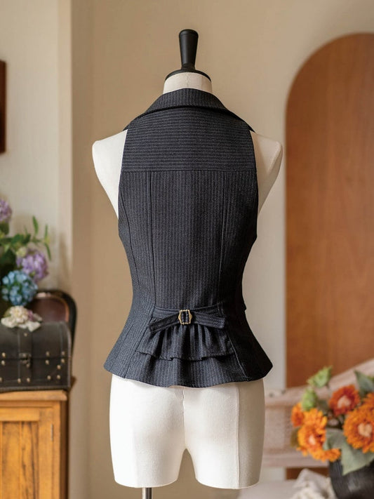 Dark Gray Under Bust Striped Waistcoat with Lapel Collar
