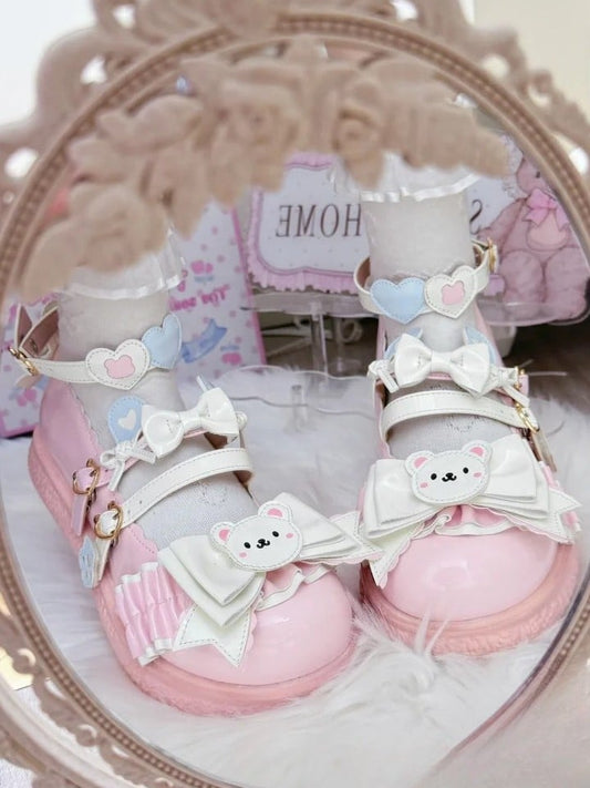 PU Pink Sweet Lolita Mary Janes - 3cm Flat Sole with Bear Theme & Heart Accents