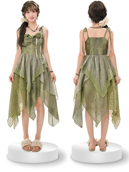 Green Handkerchief Hem Mori Kei Cami Dress with Self-tie Shoulder Straps