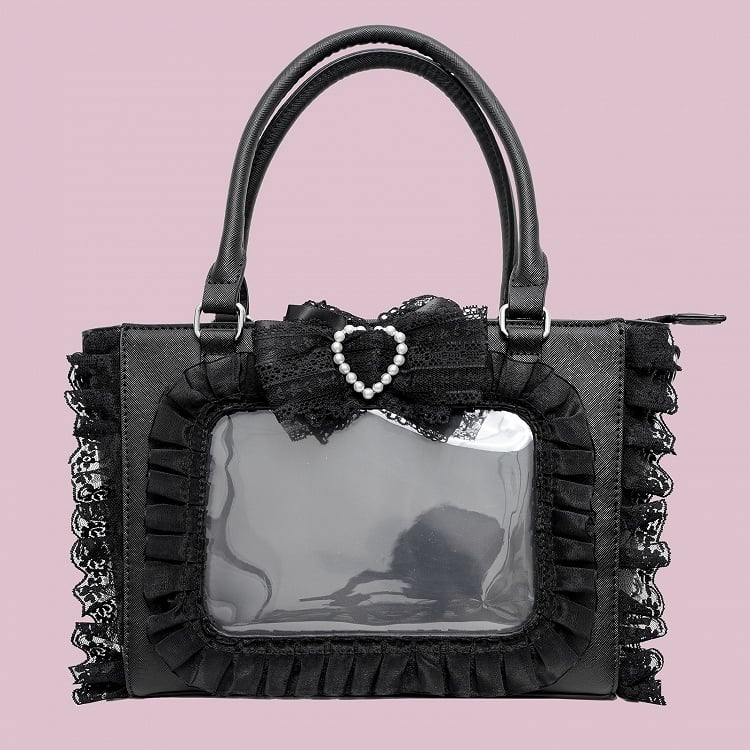 Jirai Kei Black Beaded Heart Decorated Bowknot Lace Trim Ita Bag with Free PVC Card Holder