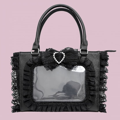 Jirai Kei Black Beaded Heart Decorated Bowknot Lace Trim Ita Bag with Free PVC Card Holder