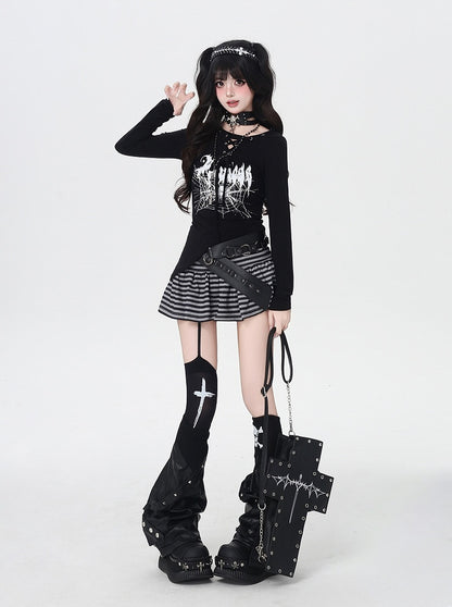 Spider Web Print Lace-up Neckline Asymmetrical Hem Black Top