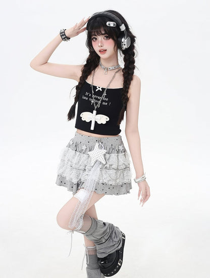 Light Gray/Black Elastic Waist Star Appliques Lace Trim Tiered Knit Skirt
