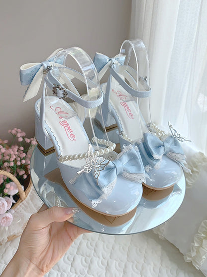 Bow Accents and Detachable Bead Chain Blue Sweet Lolita Mary Jane Shoes