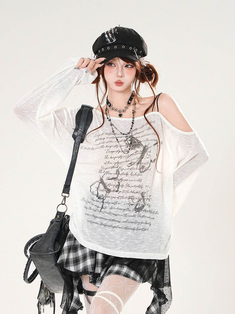 Butterfly Print Asymmetrical Neckline Khaki/White Semi-sheer Coverup