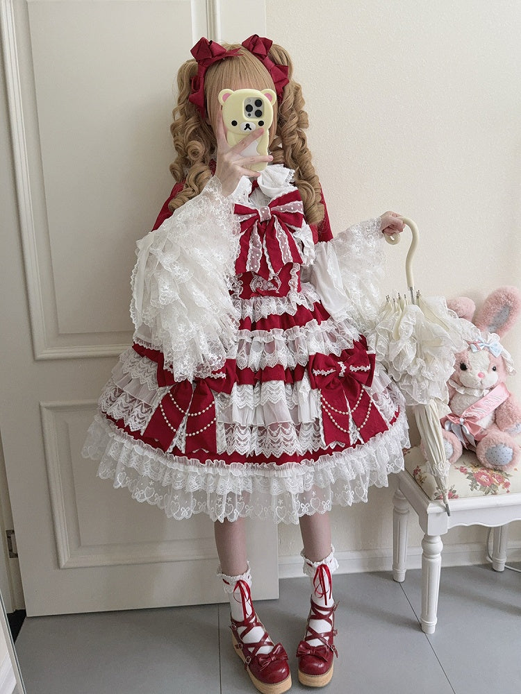 Red Big Bows Decoration Tiered Skirt Hanayome Lolita Dress