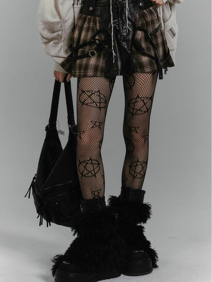 Millard Fashion Brown Plaid Patchwork Design Buckle Straps Vintage Punk PU Skirt