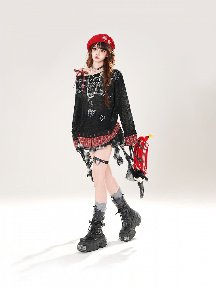 Plaid Hem Asymmetrical Neckline Puppy Print Beige/Black Semi-sheer Coverup