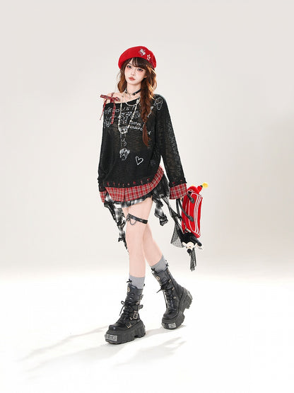 Plaid Hem Asymmetrical Neckline Puppy Print Beige/Black Semi-sheer Coverup