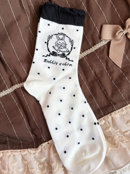 Mint Green/Pink/Black/Brown Lolita Bunny Print Polka-dot Pattern Ruffled Calf Stock