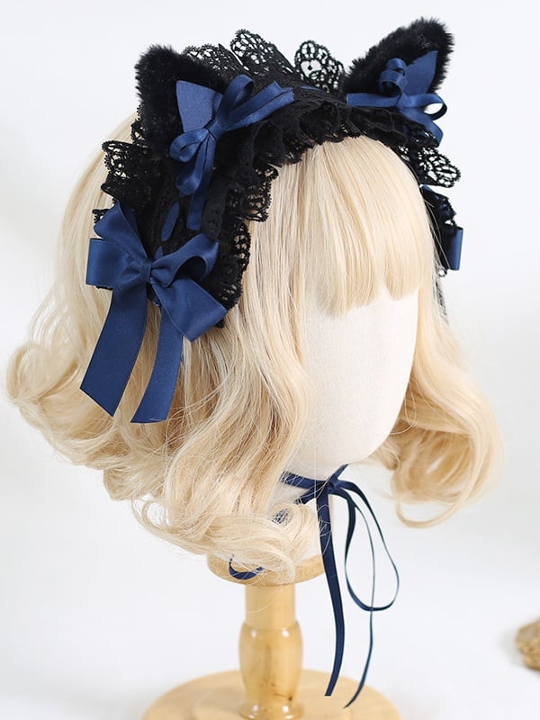 5 Colors Sweet Lolita Bowknot Lace Hairband with Detachable Plush Kitty Ears