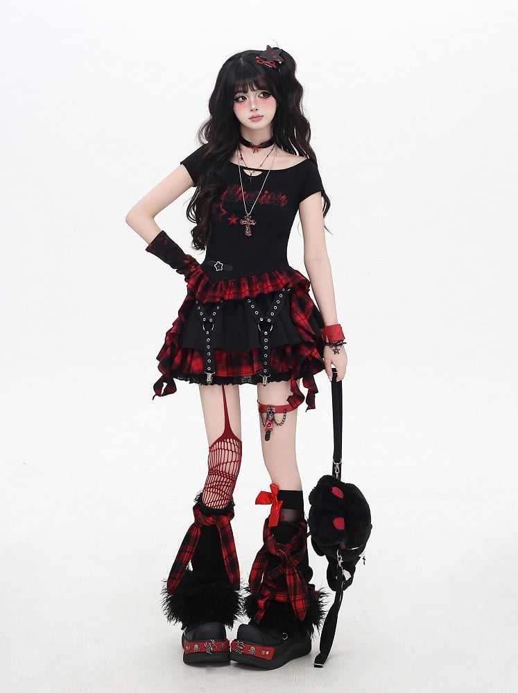 Red and Black Plaid Cascading Ruffle Accents Star and Letter Appliques T-shirt