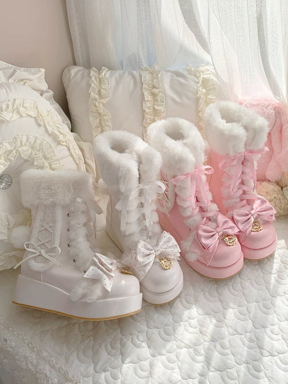 Sweet Strawberry Pink Lolita Boots - Bunny Details & Plush Cuff with Polka-dot Pattern Top Bow