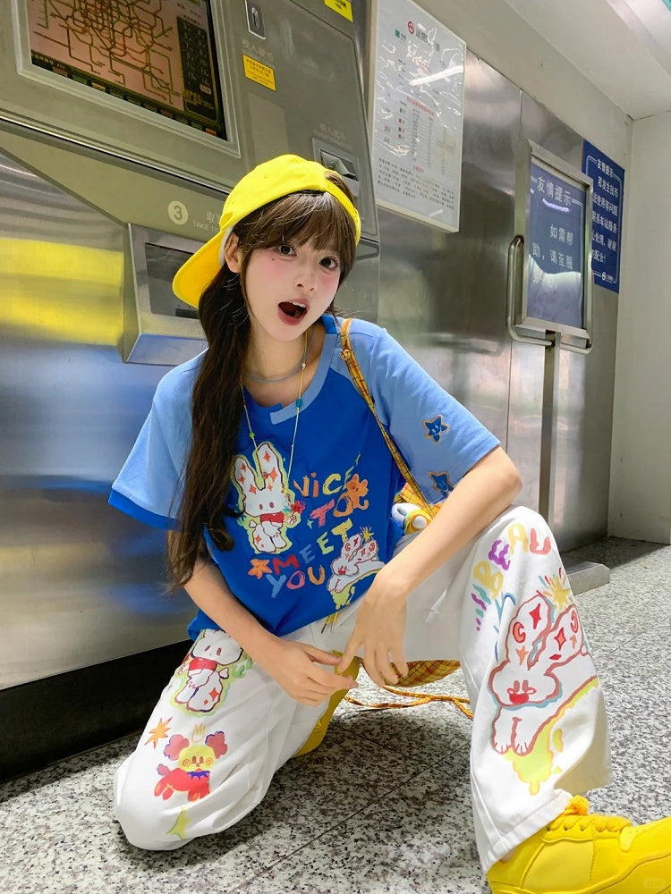 Cartoon Bunny Print White Low Waist Wide-leg Jeans