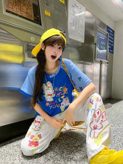 Cartoon Bunny Print White Low Waist Wide-leg Jeans