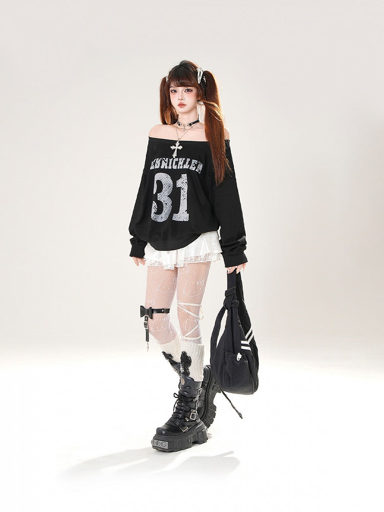 Black/White Off-the-shoulder Neckline Number Print Summer Sweatshirt