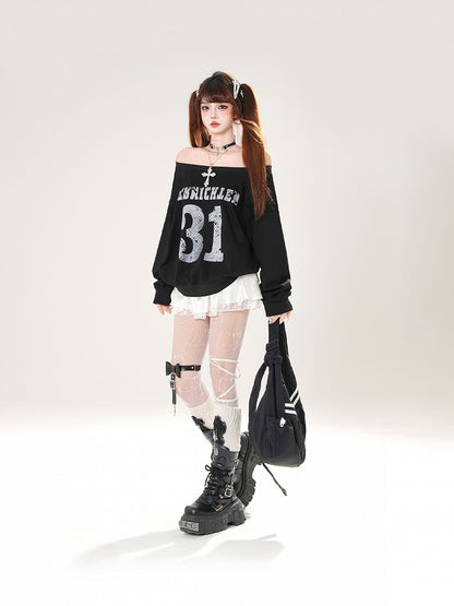 Black/White Off-the-shoulder Neckline Number Print Summer Sweatshirt