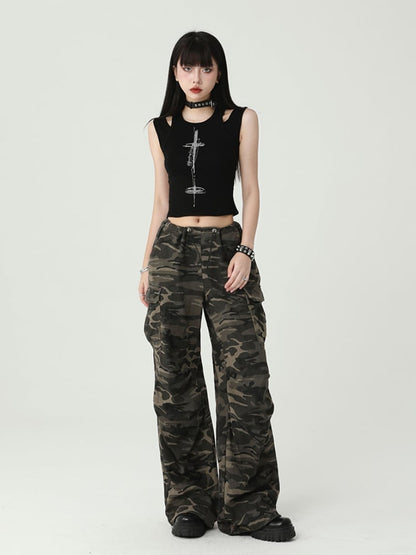 Gothic Black Cross Print Backless Glamorous Cropped Sleeveless Top