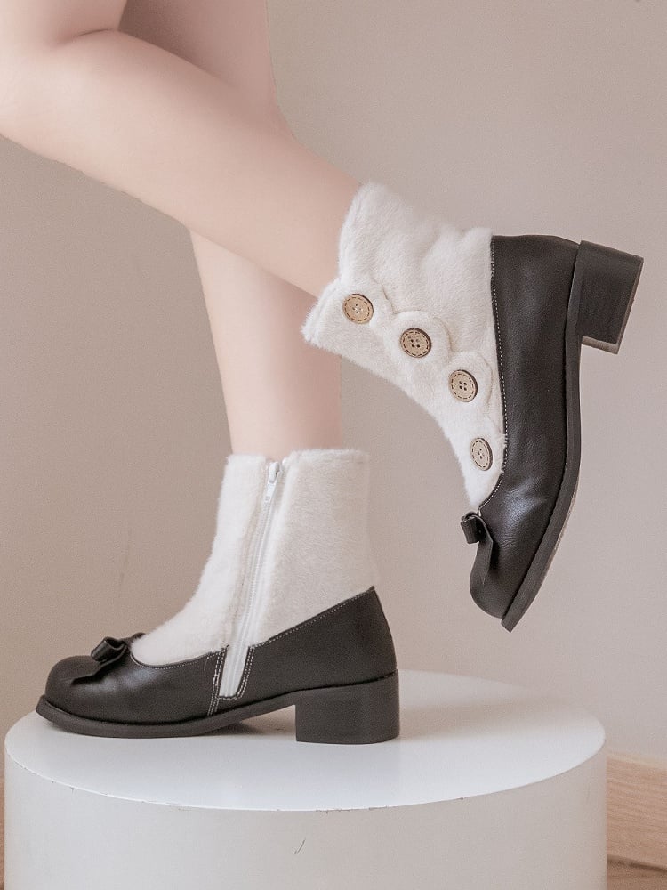 Fleece Lining with Button Embellishments & Functional Inner Zip Design 4cm/6cm Black & White Winter Boots in Elegant Lolita