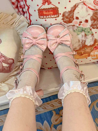 Pink Crisscross Design Heart Buckles Detachable Bow at Top High Block Heels