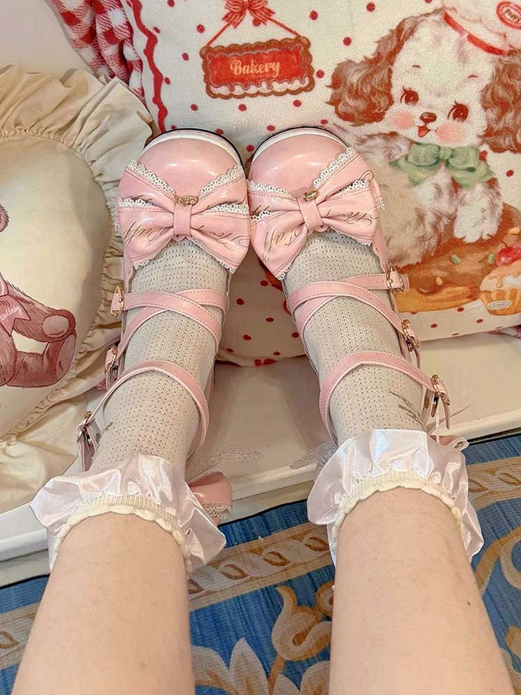 Pink Crisscross Design Heart Buckles Detachable Bow at Top High Block Heels