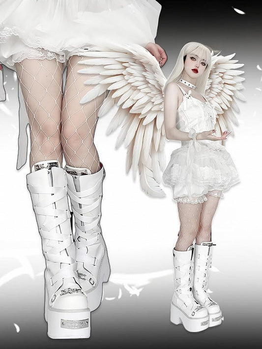 White Crisscross Design Buckle Strap Platform Block Heel Boots