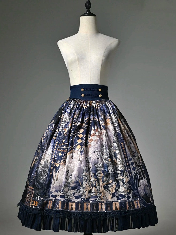 Dark Blue Corset Belt Waist Chess Theme Print Lolita Skirt