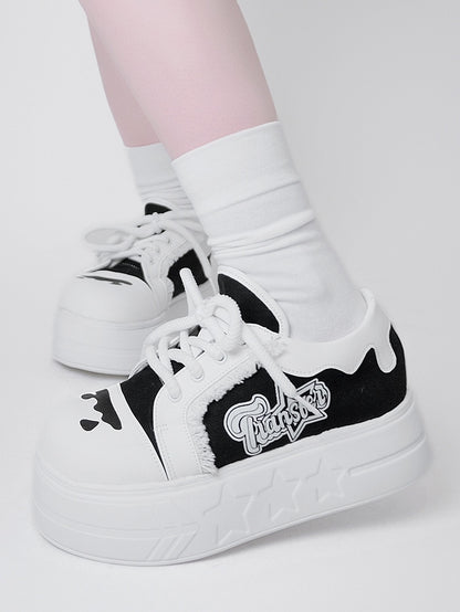 Black & White Otaku-Kwaii Platform Shoes - Lace-Up Design with Letter Print & Raw Edge Trim