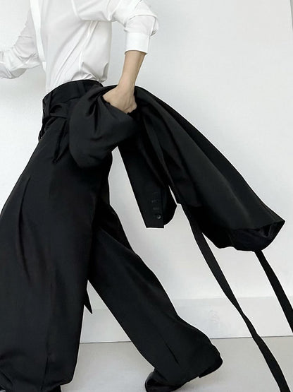 Ouji Lolita Black Wide-Leg Pants with Side Ribbons & Two-Button Fly