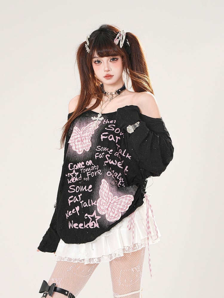 Pink Plaid Butterfly Appliques Black/White Off-the-shoulder Distressed Holes Coverup