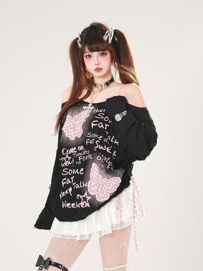 Pink Plaid Butterfly Appliques Black/White Off-the-shoulder Distressed Holes Coverup