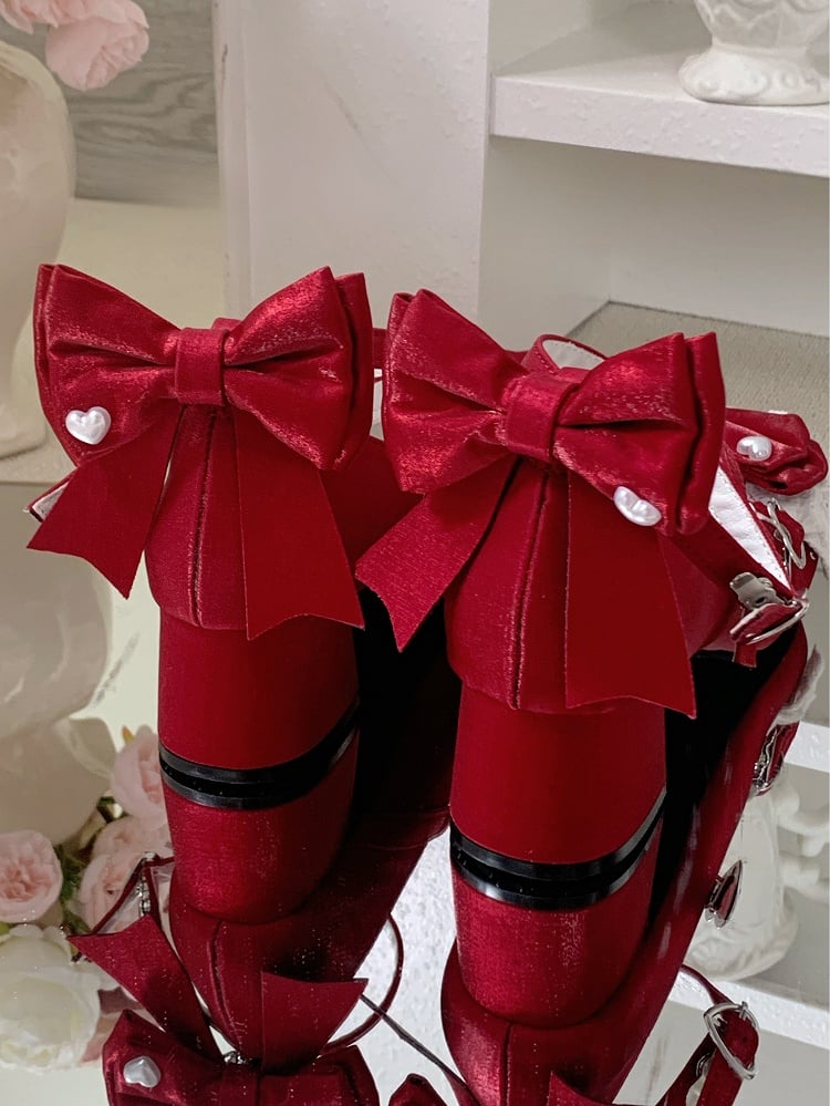 Wine Red Crisscross Design Bow at Top Heart Buckles Sweet Lolita Shoes With Dual Detachable Buckle Ankle Straps