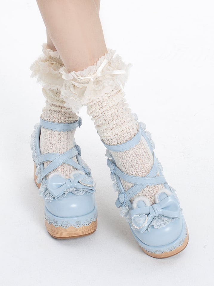 Blue Crisscross Design Bunny Ear Bow at Top Lace Trim Platforms