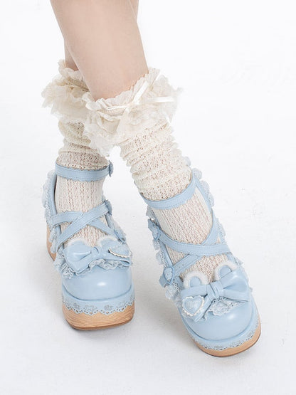 Blue Crisscross Design Bunny Ear Bow at Top Lace Trim Platforms