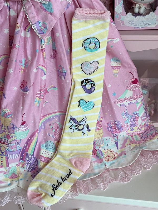 Pink/Yellow/Blue/Purple Unicorn Donut Print Striped Pattern Lolita Over Knee Stockings