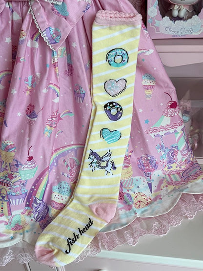 Pink/Yellow/Blue/Purple Unicorn Donut Print Striped Pattern Lolita Over Knee Stockings