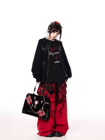 Letter and Number Print Black Round Neck Oversize T-shirt