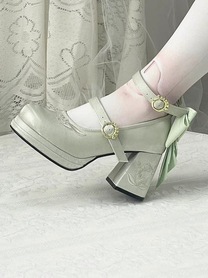 Green Satin Detachable Bowknot Lily of the Valley Embroidery Middle Heels Mary Janes